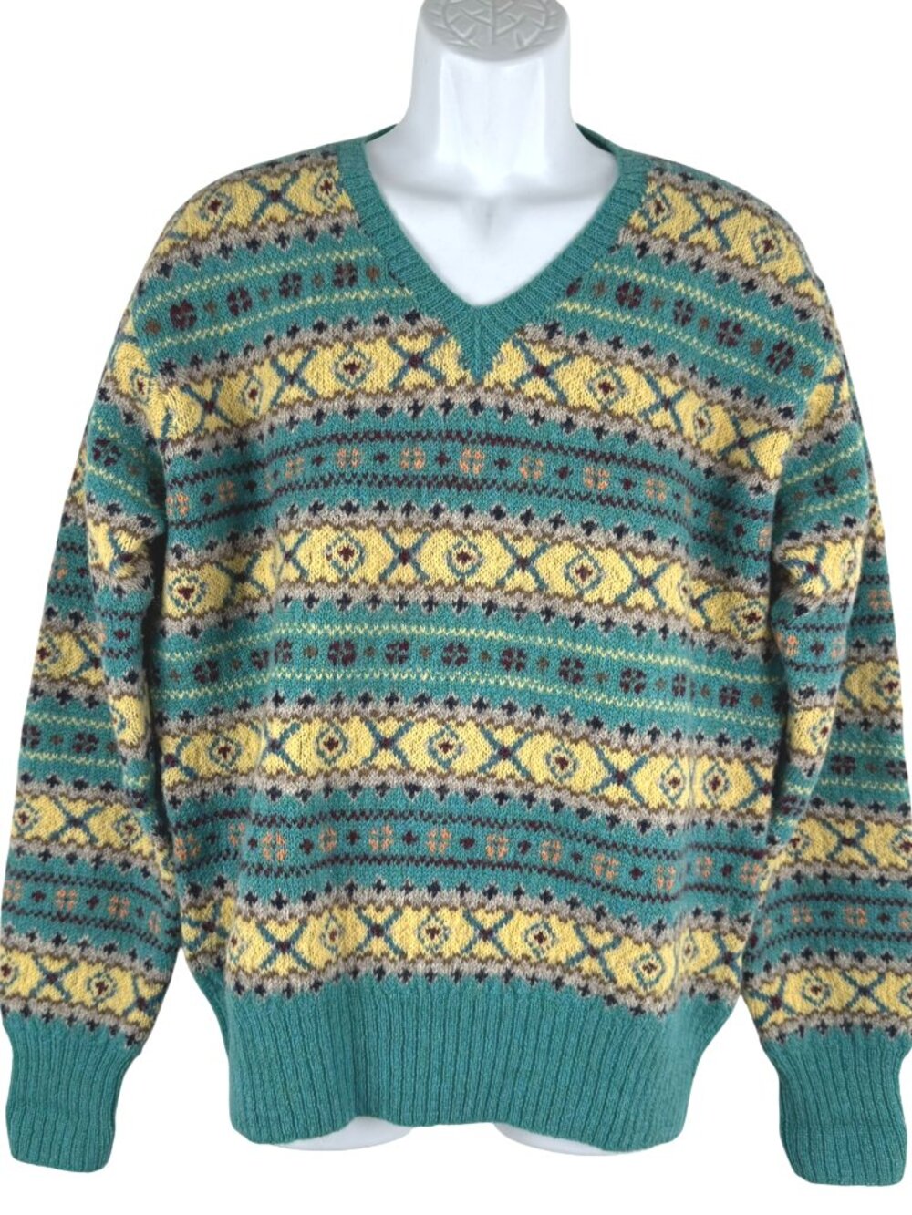 Polo Ralph Lauren Fair Isle V-Neck Sweater Mens Large Wool Hand Knit FS-1546